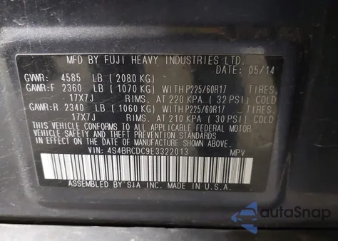 2014 Subaru Outback 2.5I Premium из США, поврежденный, VIN 4S4BRCDC9E3322013